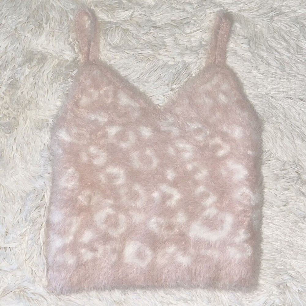 Forever 21 Plush Tank Top Size M Cozy Stretch Cute Leopard Print Rose Pink White